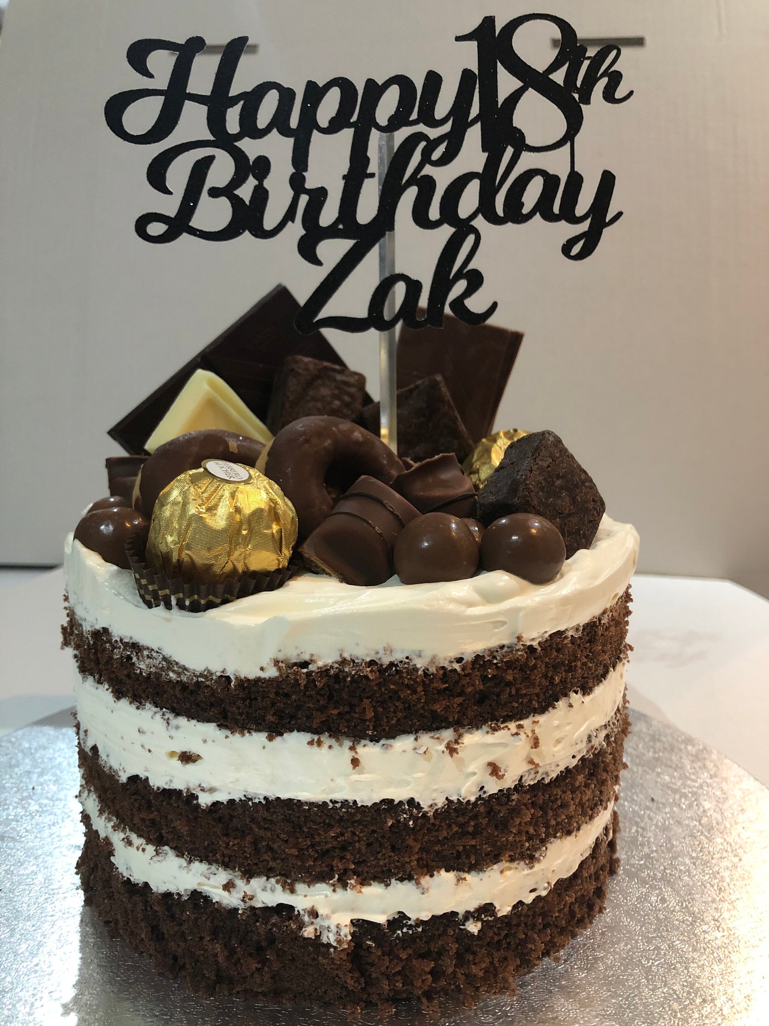 Chocolate cake with fresh cream & Personalised topper - click here for more options